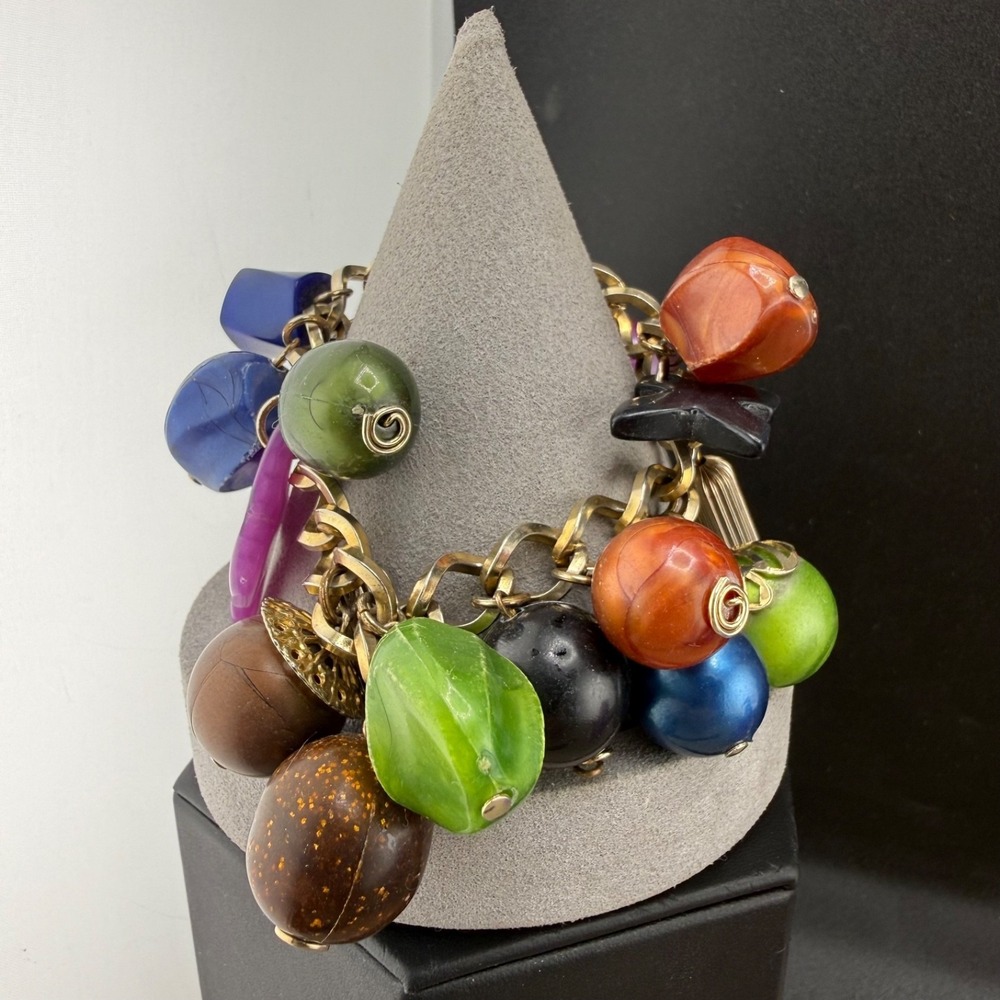 Vintage Charm Bracelet Gold Tone Chunky Jewel Tone Acrylic Beaded Dangle 7"